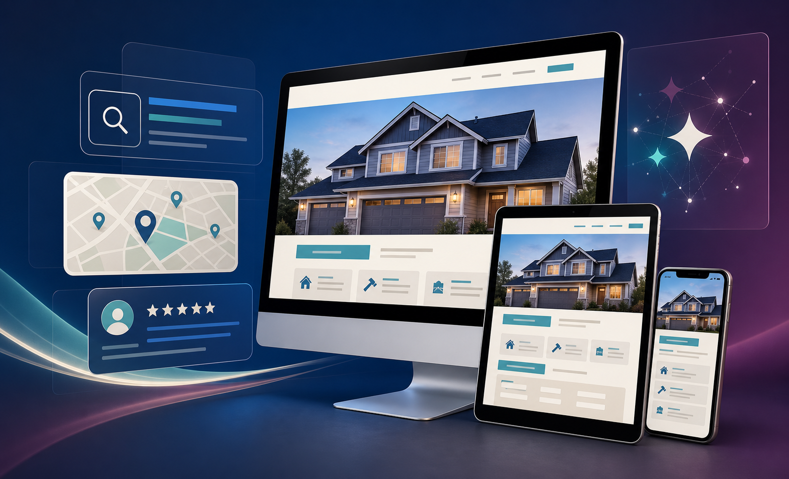 Responsive local-business website shown on desktop, tablet, and mobile with search, maps, reviews, and AI discovery symbols