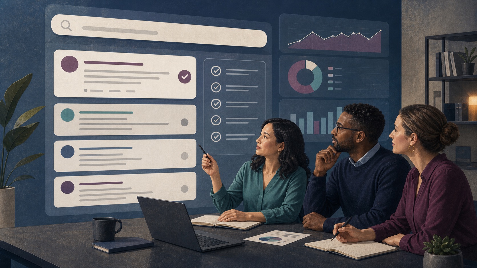 Business leaders calmly reviewing branded search results and a reputation crisis response checklist