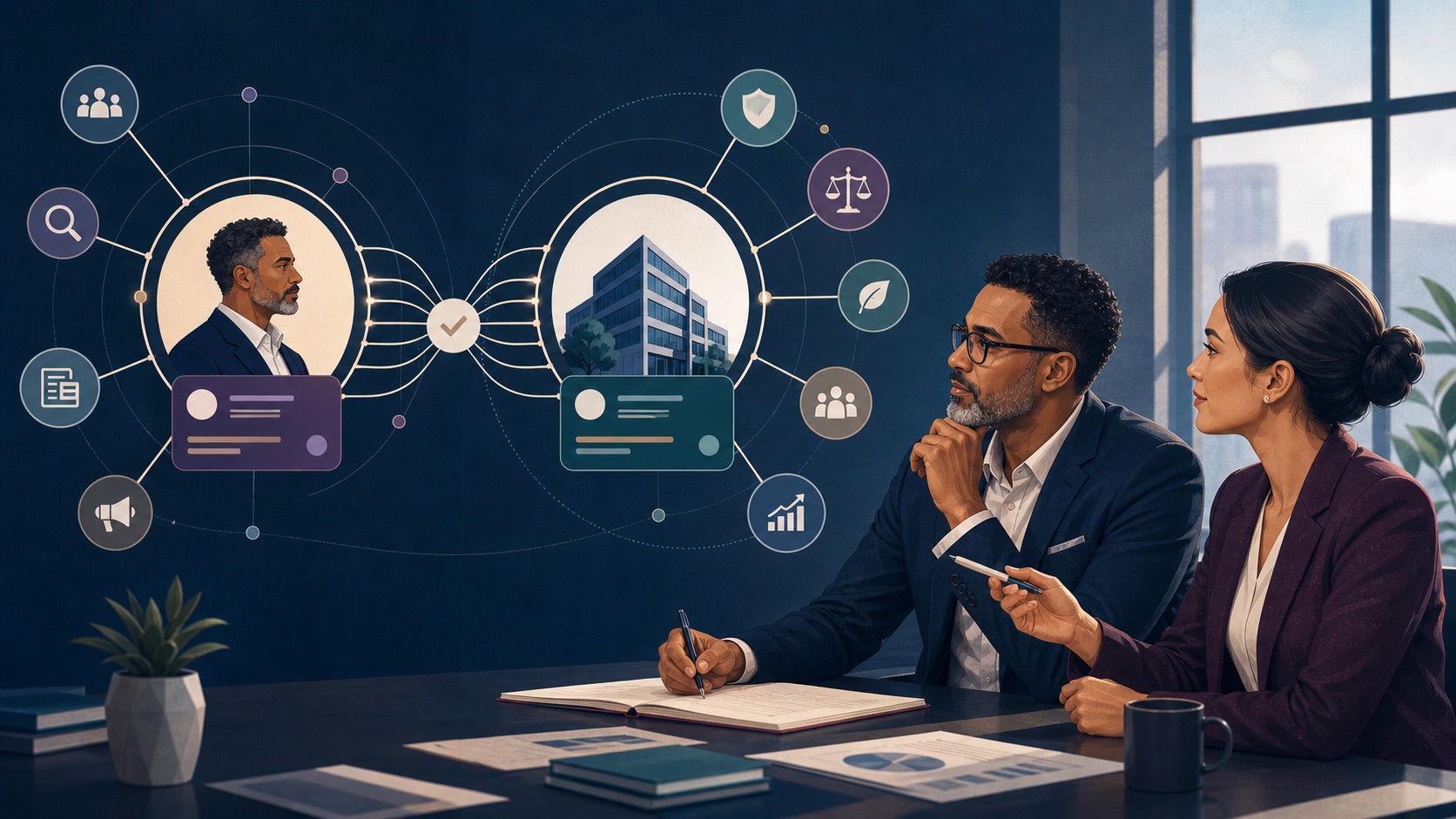 Executive and adviser reviewing linked public information about a leader and company