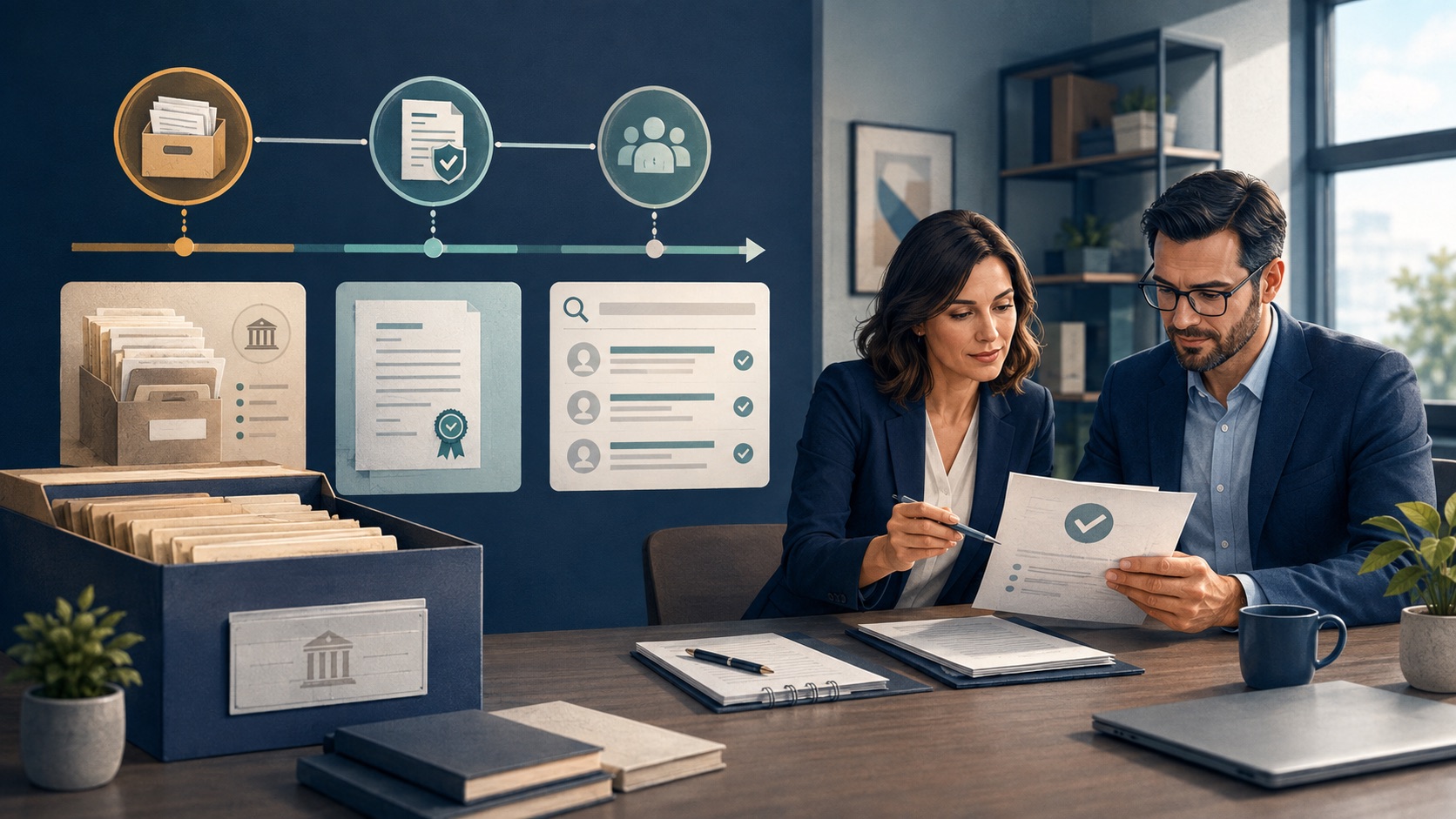 Business owner and adviser comparing an archived court file with a current verified case outcome